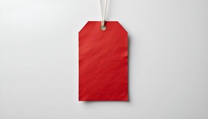 A vibrant, red tag hangs from a string against a pristine white background, simple and bold.