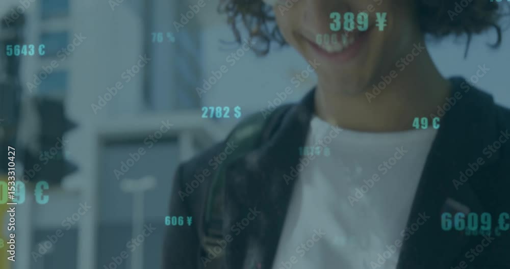 Poster man tapping smartphone screen initiating currency symbols drifting for real-time finance tracking
