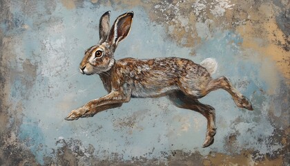 A hare in mid-leap against a textured backdrop.
