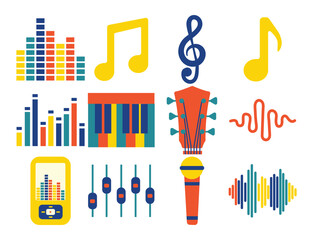 Colorful Music Icon Set – Flat Vector of Instruments, Audio Controls, and Sound Waves