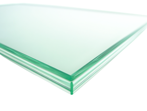 Close-up view of laminated glass sheet, showcasing its transparent background and layered structure, ideal for architectural or design projects.
