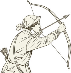 Simple Black Silhouette of a Bow and Arrow Icon ,A clean, minimalist vector silhouette icon depicting a traditional bow and arrow. The black shape is set against a pure white background.