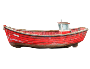 Aged red fishing boat with transparent background, weathered wood, and a small cabin, resting on land, showing its age and character.