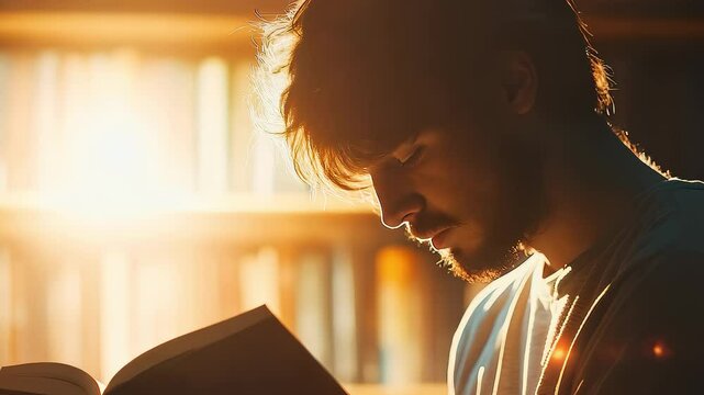 Man Reading and Studying by Bookshelves in Warm Sunlight