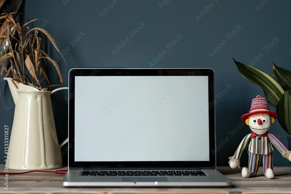 Aufkleber pixel perfect image of front view of laptop and puppet with copy space