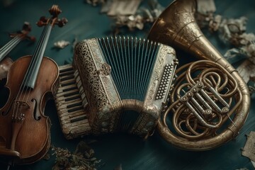 Overhead view of accordion, violin and French horn on dark green background with floating musical notes, elegant instrumental composition.