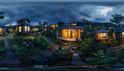 Obraz premium Wooden cabins nestled in a lush, tranquil garden at night.