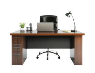 Modern executive office desk setup with laptop, chair, and lamp; transparent background