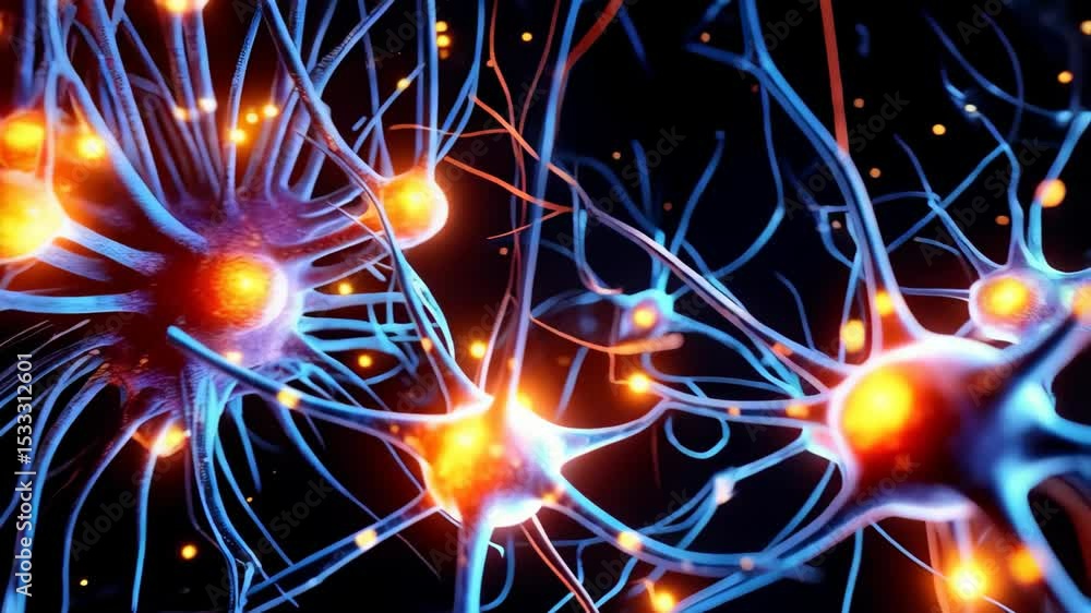 Poster Vivid neuron cells connecting in dynamic communication network, glowing with energy, dark science background, complex neural pathways, synapse activity