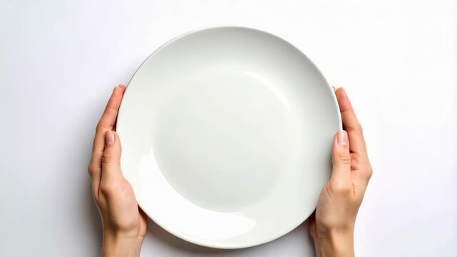 Overhead shot of female hands holding an empty round white ceramic plate on a white surface, preparing for a meal.