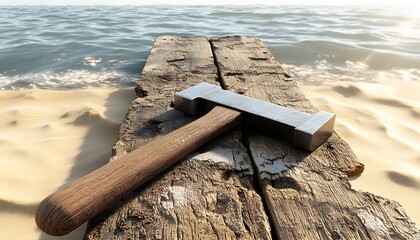 Old hammer resting on weathered wooden planks by the beach.