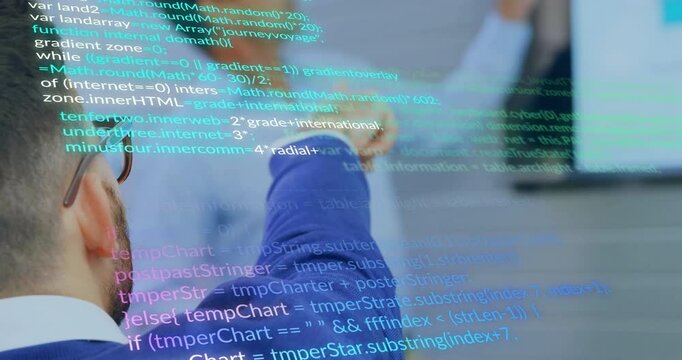 Developer tracking scrolling transparent JavaScript code overlay as colleague explaining functions