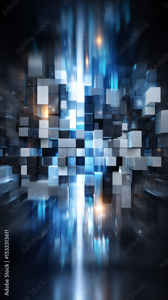 Poster futuristic abstract digital cubes in blue and gray tones with dynamic light effects creating a moder