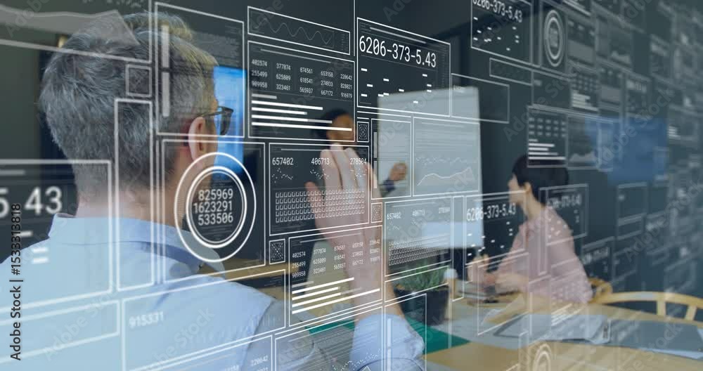 Poster business team around table interacting with ar data overlay updating when colleague raising hand
