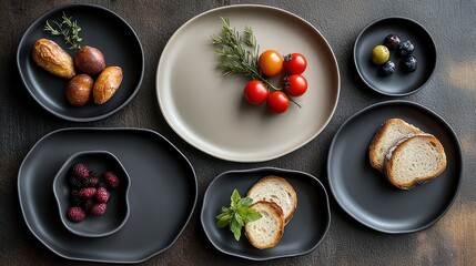 Elegant melamine plates adorned with fresh ingredients on a textured surface create a sophisticated dining presentation