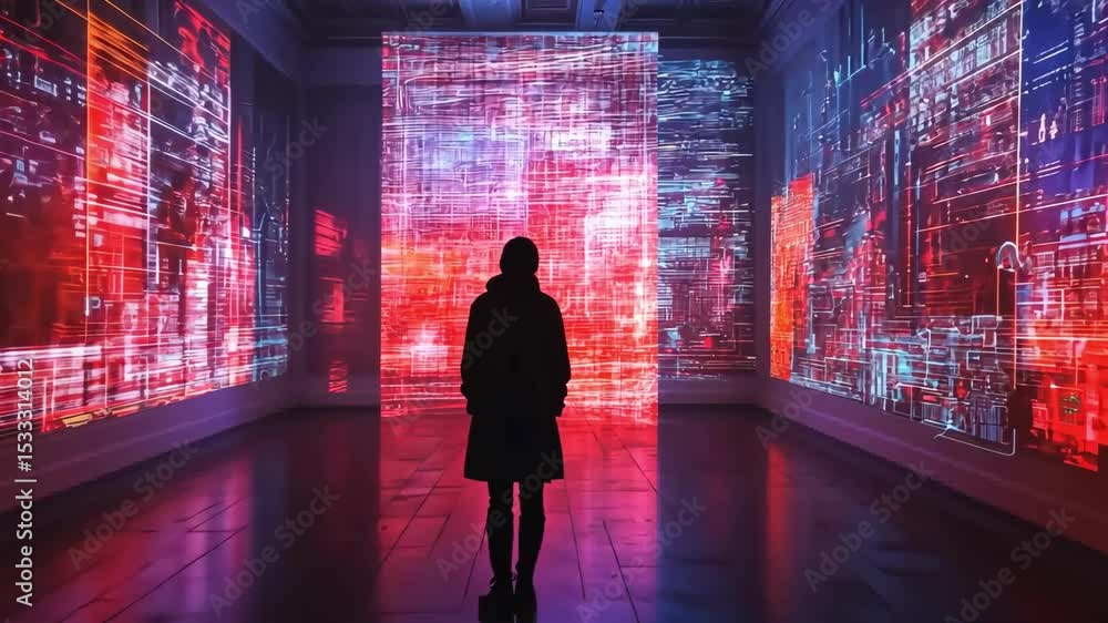 Poster one person in futuristic gallery views abstract technology data on walls with red lights.