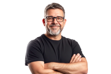 Portrait of a smiling middle-aged man with glasses, arms crossed, wearing a black t-shirt against a transparent background.