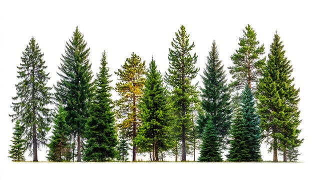 Row of coniferous trees against a white background.