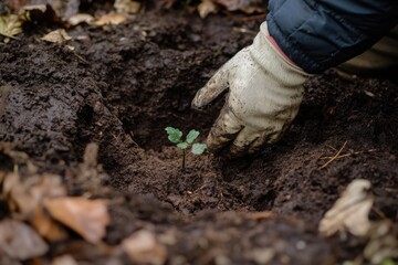 Obraz premium Person Planting Small Green Sapling in Dark Soil tree