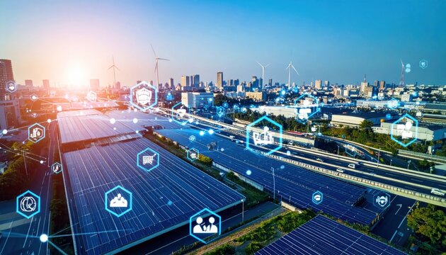 Cityscape with solar panels and interconnected icons