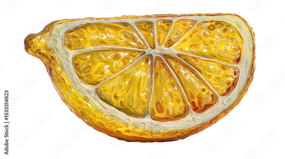 Poster a close up artistic rendering of a sliced lemon with visible segments against a black background on 