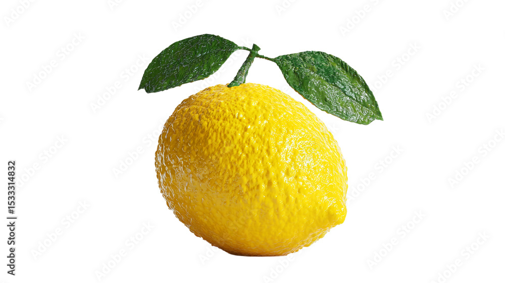Poster a close up of a single lemon with two green leaves attached on a black background in studio lighting