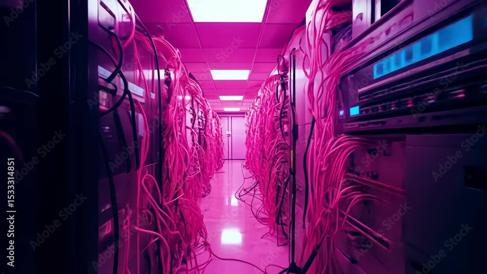 Poster futuristic pink data center with server racks and cables for cloud computing.