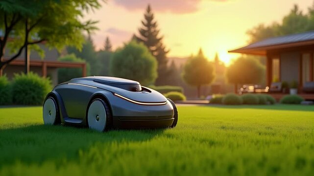 Automated Robot Lawn Mower Efficiently Cutting Green Grass in a Well-Maintained Garden
