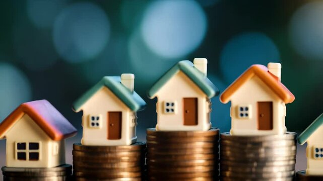 Miniature house models arranged on stacks of coins showing financial investment concept