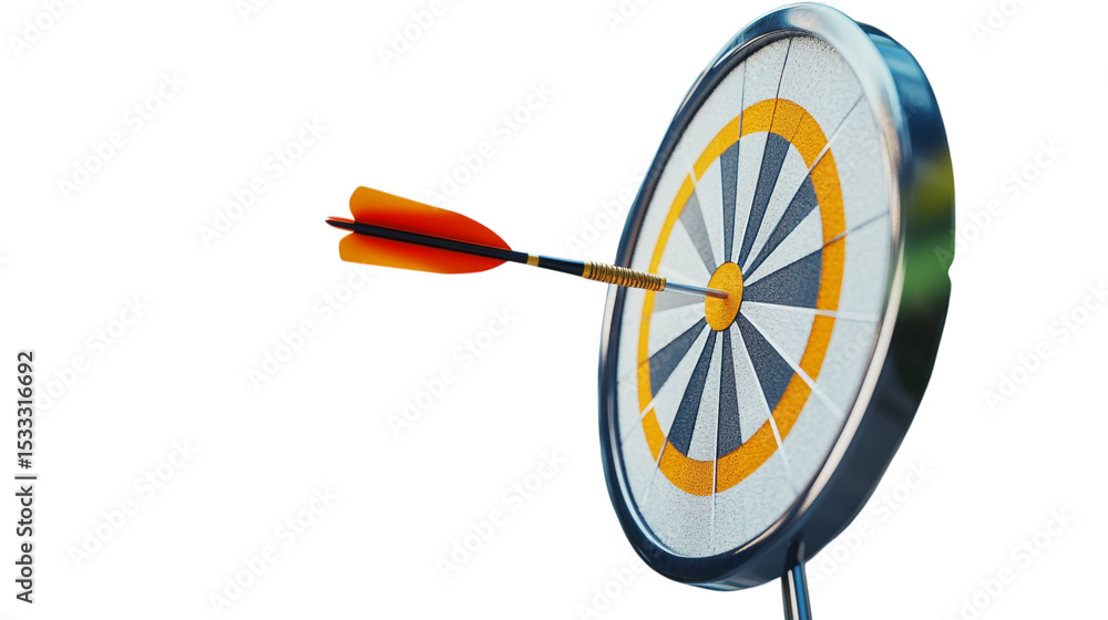 Poster an arrow with orange fletching hitting the bullseye of a target with yellow and gray markings on tra