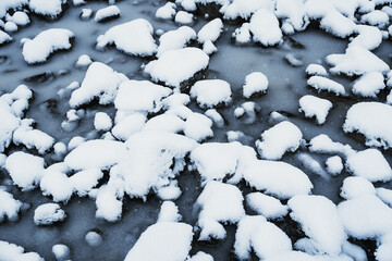 Snow covered rocks on the side of a river in New Zealand.