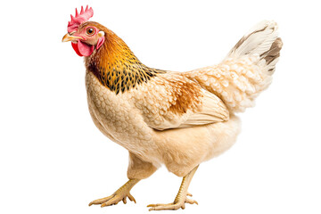 Fototapeta premium Beige hen standing, brown speckled feathers, transparent background, poultry farm animal, isolated studio shot, side view, full body