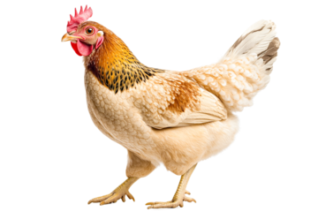 Beige hen standing, brown speckled feathers, transparent background, poultry farm animal, isolated studio shot, side view, full body