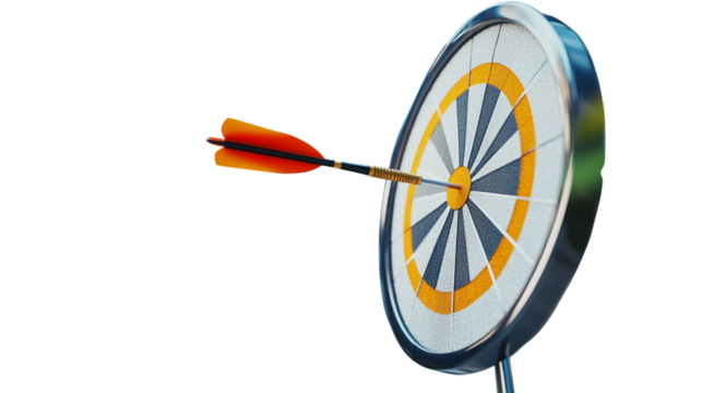 An arrow with orange fletching hitting the bullseye of a target with yellow and gray markings on transparent background
