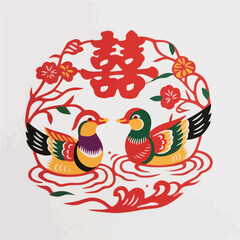 Mandarin duck, Paper Cuttings style vector