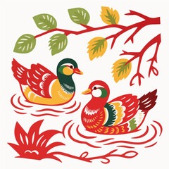 Mandarin duck, Paper Cuttings style vector