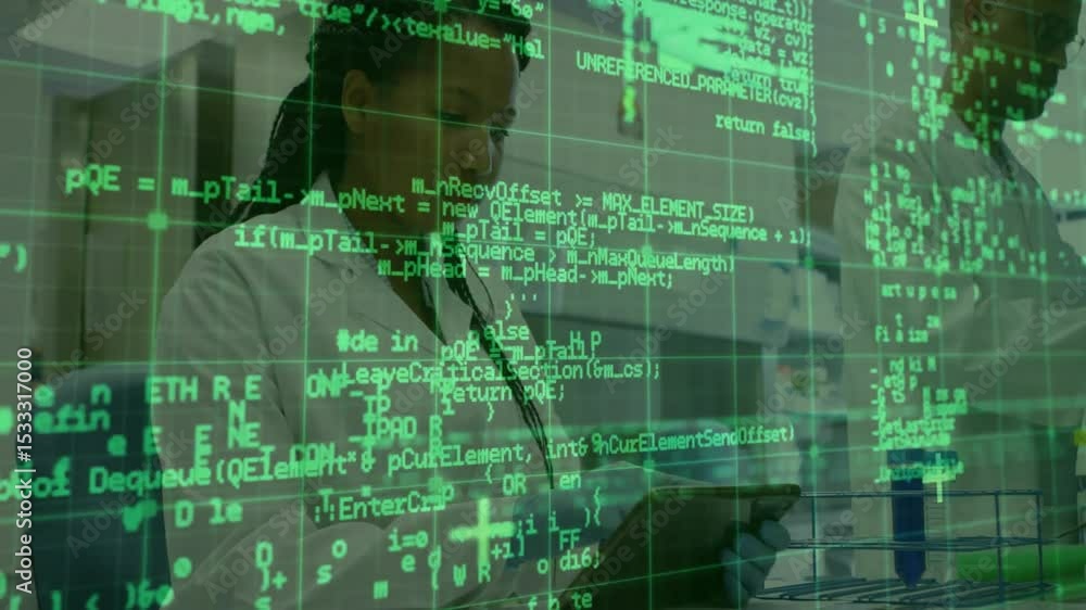 Poster green code overlay shifting revealing scientist tapping tablet handling test tubes for lab analysis