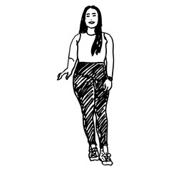 Standing Asian lady in sportive clothes. Young woman wearing sneakers and leggings. Hand drawn linear doodle rough sketch. Black and white silhouette.