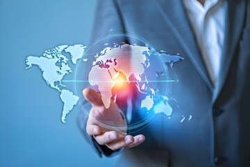 Man in suit holding digital world globe with glowing center in his hand