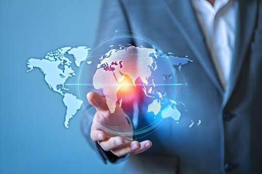 Man in suit holding digital world globe with glowing center in his hand