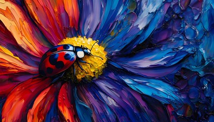 Obraz premium Vibrant ladybug on a colorful flower painting.