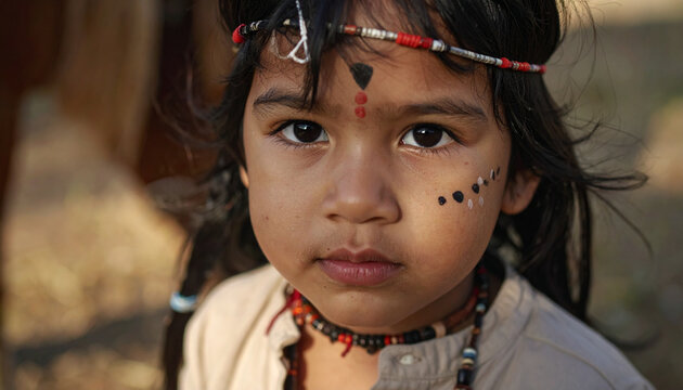 Portrait of Young Native American Indian Boy with Face Paint 136