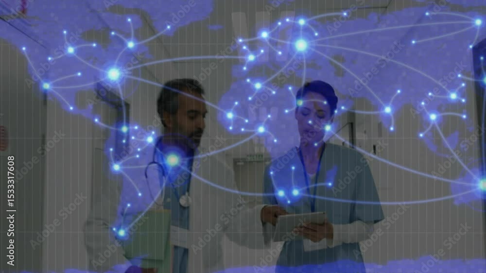 Poster medical team walking hallway reviewing data, tablet tapping causing nodes pulsing on map overlay