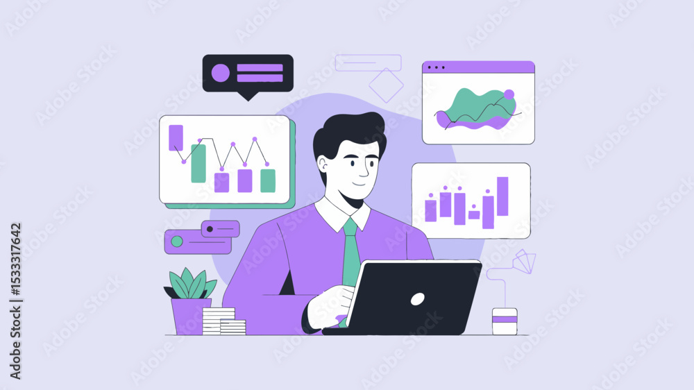 Poster data analyst working on laptop with charts and graphs for business reports and presentations