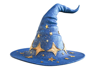 Blue wizard hat with gold stars, isolated on transparent background, fantasy costume accessory, magical, mystical, Halloween, whimsical, festive, pointed crown, wide brim,