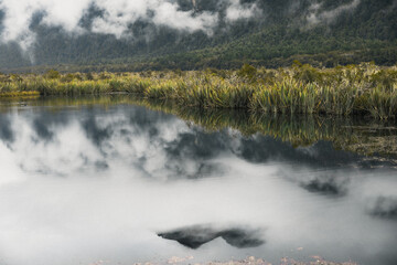a pristine reflection of cloudy mountains on Fjordland, New Zealand