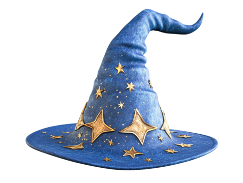 Blue wizard hat with gold stars, isolated on transparent background, fantasy costume accessory, magical, mystical, Halloween, whimsical, festive, pointed crown, wide brim,