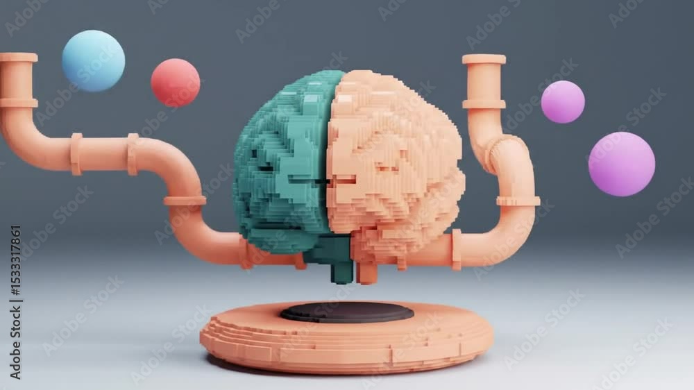 Poster abstract voxel brain sculpture with peach pipes and floating spheres on gray background