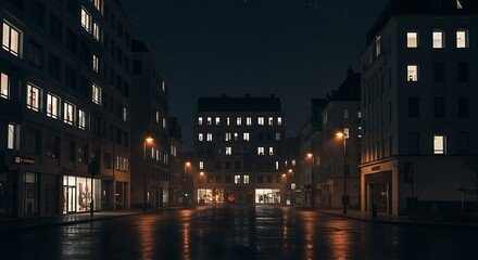 Fototapeta premium Night Street Scene Illuminated Buildings and Wet Pavement in a European City