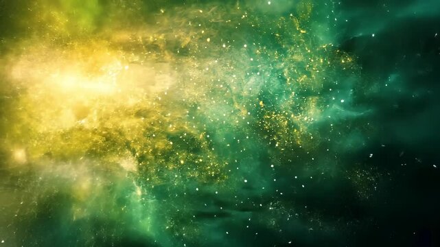 Vivid nebula with swirling green and gold gases, interspersed with bright stars